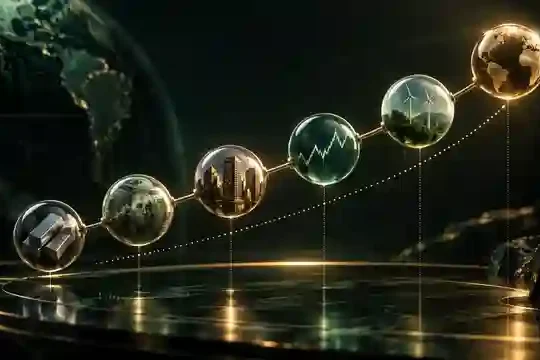 Text-free editorial illustration of diversified global assets arranged along an ascending portfolio construction path