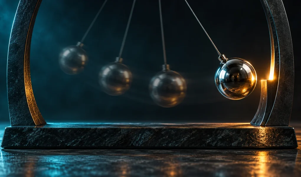 Polished pendulum with visible motion positions and amber rim lighting, a conceptual illustration of momentum for the RSI indicator.