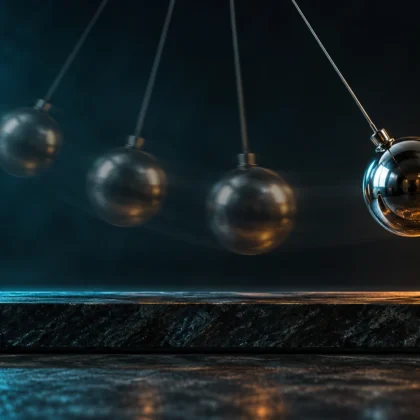 Polished pendulum with visible motion positions and amber rim lighting, a conceptual illustration of momentum for the RSI indicator.