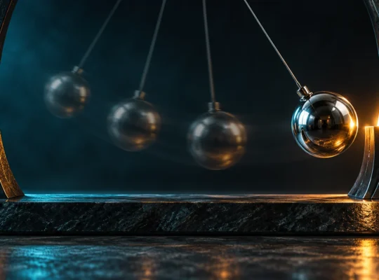 Polished pendulum with visible motion positions and amber rim lighting, a conceptual illustration of momentum for the RSI indicator.