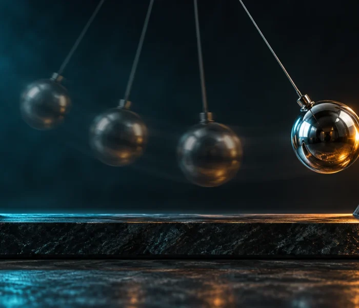 Polished pendulum with visible motion positions and amber rim lighting, a conceptual illustration of momentum for the RSI indicator.