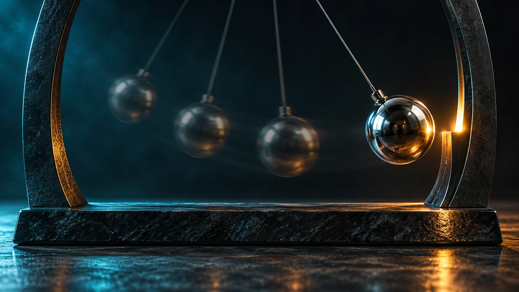 Polished pendulum with visible motion positions and amber rim lighting, a conceptual illustration of momentum for the RSI indicator.