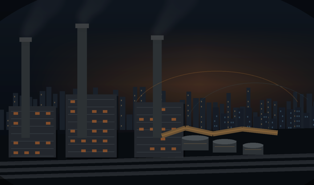 Textfreies Editorial-Motiv aus schwerer Industrie, Energieinfrastruktur und urbaner Zivilwirtschaft als Symbol für Russlands Kriegswirtschaft