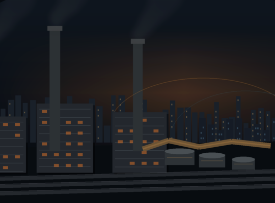 Textfreies Editorial-Motiv aus schwerer Industrie, Energieinfrastruktur und urbaner Zivilwirtschaft als Symbol für Russlands Kriegswirtschaft