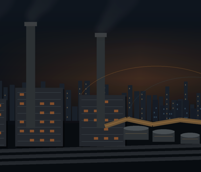 Textfreies Editorial-Motiv aus schwerer Industrie, Energieinfrastruktur und urbaner Zivilwirtschaft als Symbol für Russlands Kriegswirtschaft