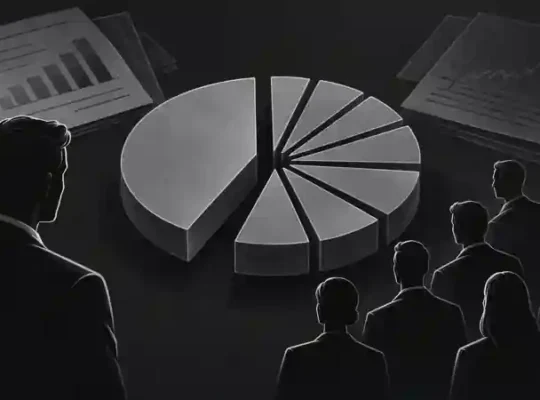 Monochrome illustration of ownership being divided among shareholders, representing share dilution