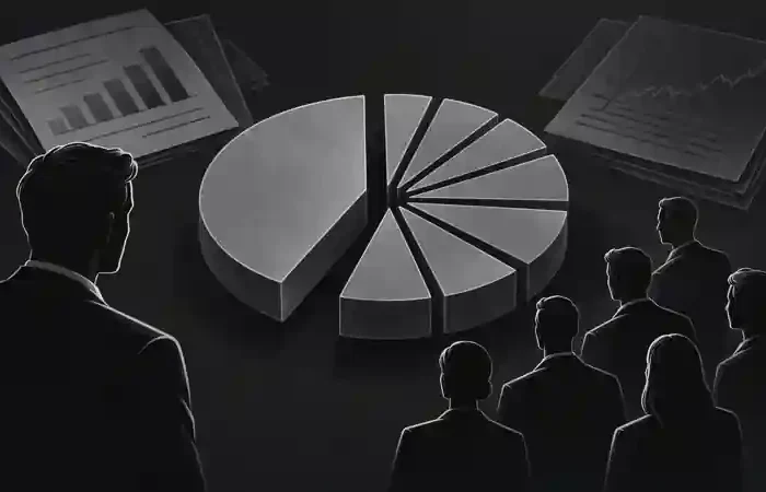 Monochrome illustration of ownership being divided among shareholders, representing share dilution