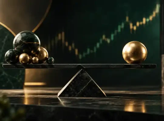 Text-free editorial illustration representing risk-adjusted return with a precision balance and diversified assets