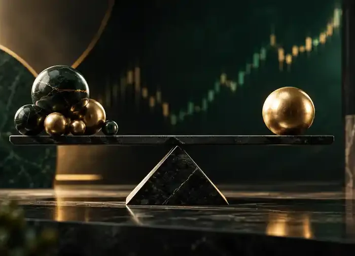 Text-free editorial illustration representing risk-adjusted return with a precision balance and diversified assets