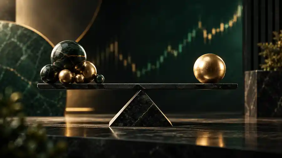 Text-free editorial illustration representing risk-adjusted return with a precision balance and diversified assets