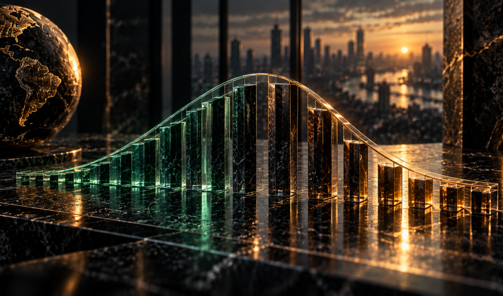 Textfreies Editorial-Motiv einer ansteigenden und fallenden Laufzeitenkurve aus Glas- und Metallsäulen zur Darstellung von Contango und Backwardation