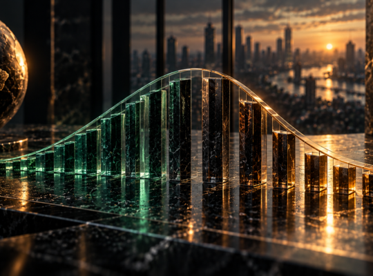 Textfreies Editorial-Motiv einer ansteigenden und fallenden Laufzeitenkurve aus Glas- und Metallsäulen zur Darstellung von Contango und Backwardation