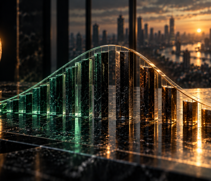 Textfreies Editorial-Motiv einer ansteigenden und fallenden Laufzeitenkurve aus Glas- und Metallsäulen zur Darstellung von Contango und Backwardation
