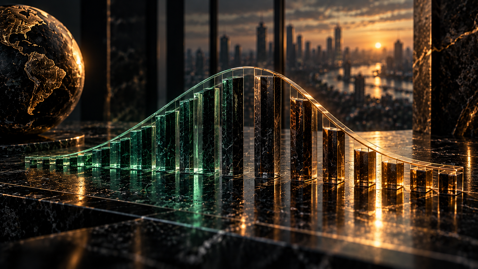 Textfreies Editorial-Motiv einer ansteigenden und fallenden Laufzeitenkurve aus Glas- und Metallsäulen zur Darstellung von Contango und Backwardation