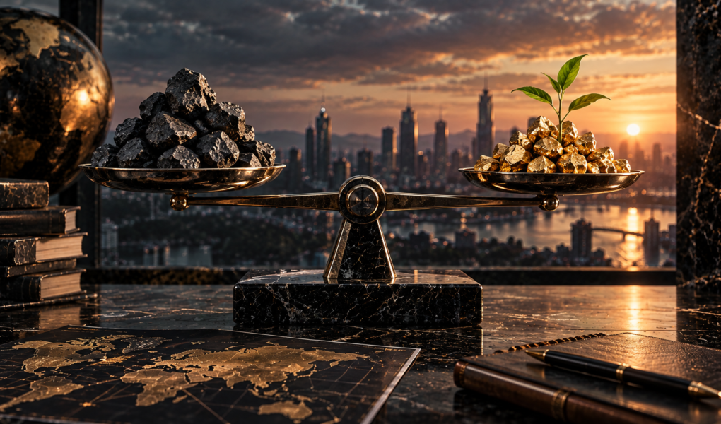 Textfreies Editorial-Motiv einer Balance zwischen dunklem Tail-Risk und vergoldeter Risikoprämie zur Darstellung der Volatility Risk Premium