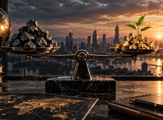 Textfreies Editorial-Motiv einer Balance zwischen dunklem Tail-Risk und vergoldeter Risikoprämie zur Darstellung der Volatility Risk Premium