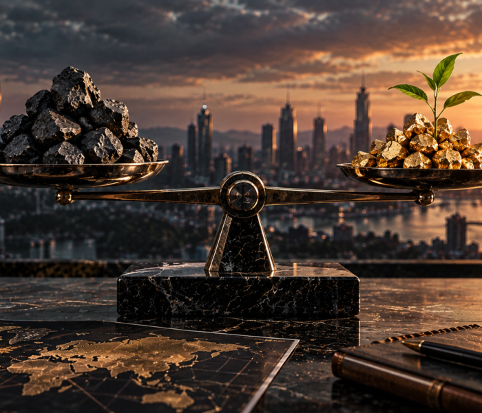 Textfreies Editorial-Motiv einer Balance zwischen dunklem Tail-Risk und vergoldeter Risikoprämie zur Darstellung der Volatility Risk Premium