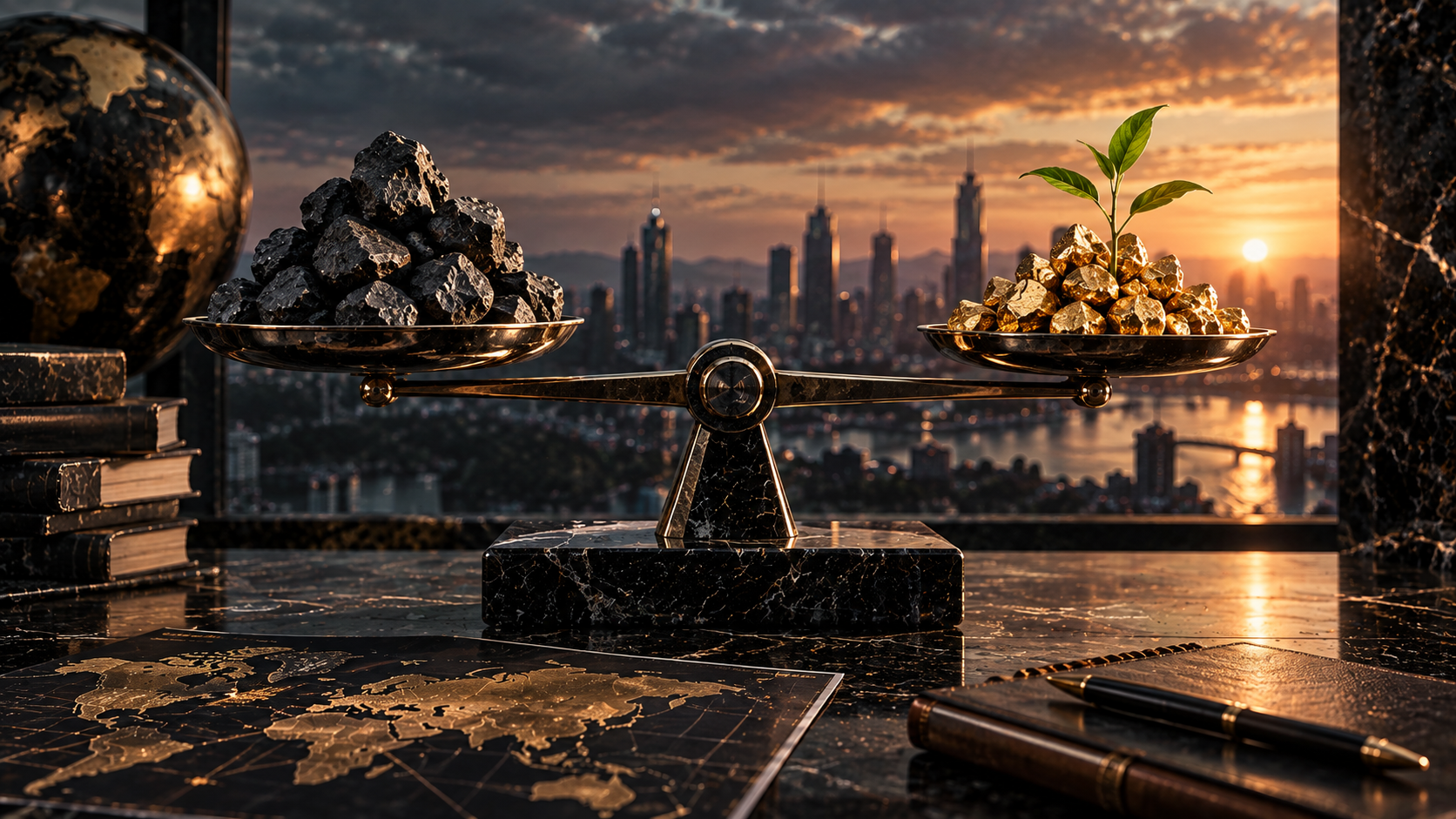 Textfreies Editorial-Motiv einer Balance zwischen dunklem Tail-Risk und vergoldeter Risikoprämie zur Darstellung der Volatility Risk Premium