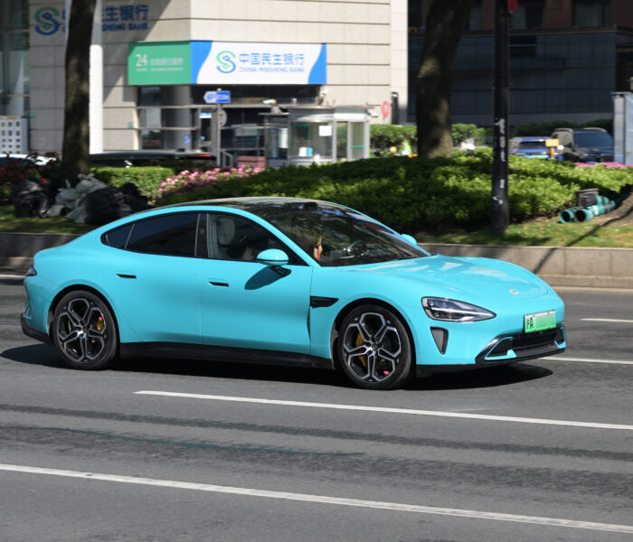 Blue Xiaomi SU7 in Shanghai - Xiaomi stock 2026