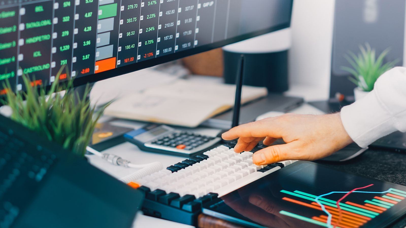 Professioneller Finanzarbeitsplatz mit Marktcharts als Symbol für Aktienverwässerung, Kapitalerhöhungen und steigende Aktienzahl.