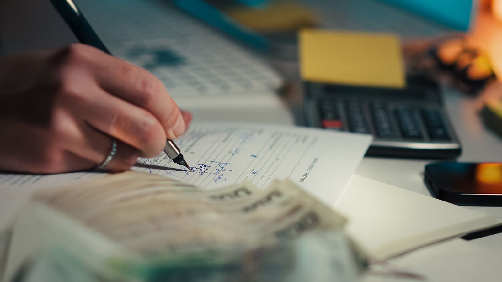 Dunkler Finanzarbeitsplatz mit Rechner und Finanzdokumenten als Symbol für EBITDA, Margen und Unternehmensanalyse.