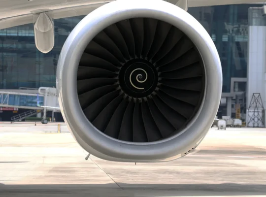 Großes ziviles Flugzeugtriebwerk an einem Verkehrsflugzeug auf dem Rollfeld, Symbolbild für GE Aerospace und Triebwerkswartung.