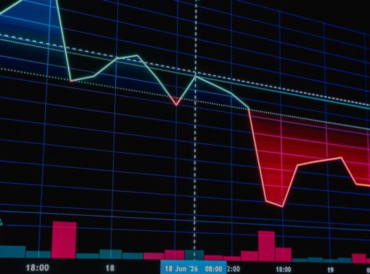 Roter und grüner Finanzchart mit starkem Abwärtstrend als Symbol für einen Maximum Drawdown.