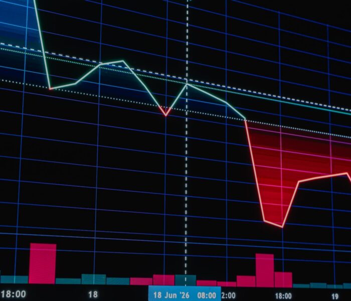 Roter und grüner Finanzchart mit starkem Abwärtstrend als Symbol für einen Maximum Drawdown.