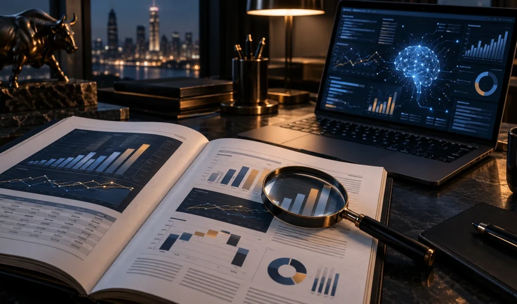 Lupe auf einem aufgeschlagenen Finanzbericht neben einem Laptop mit Analysevisualisierung und beleuchteter Stadtsilhouette