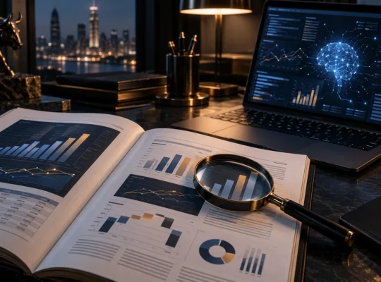 Lupe auf einem aufgeschlagenen Finanzbericht neben einem Laptop mit Analysevisualisierung und beleuchteter Stadtsilhouette