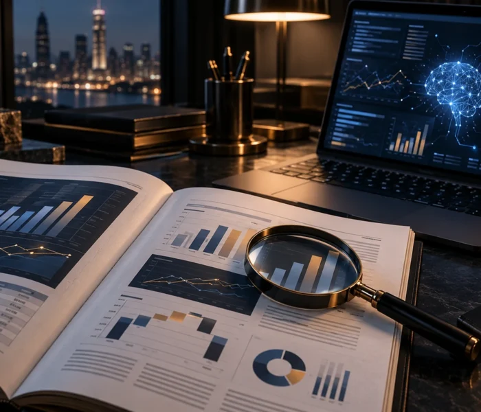 Lupe auf einem aufgeschlagenen Finanzbericht neben einem Laptop mit Analysevisualisierung und beleuchteter Stadtsilhouette