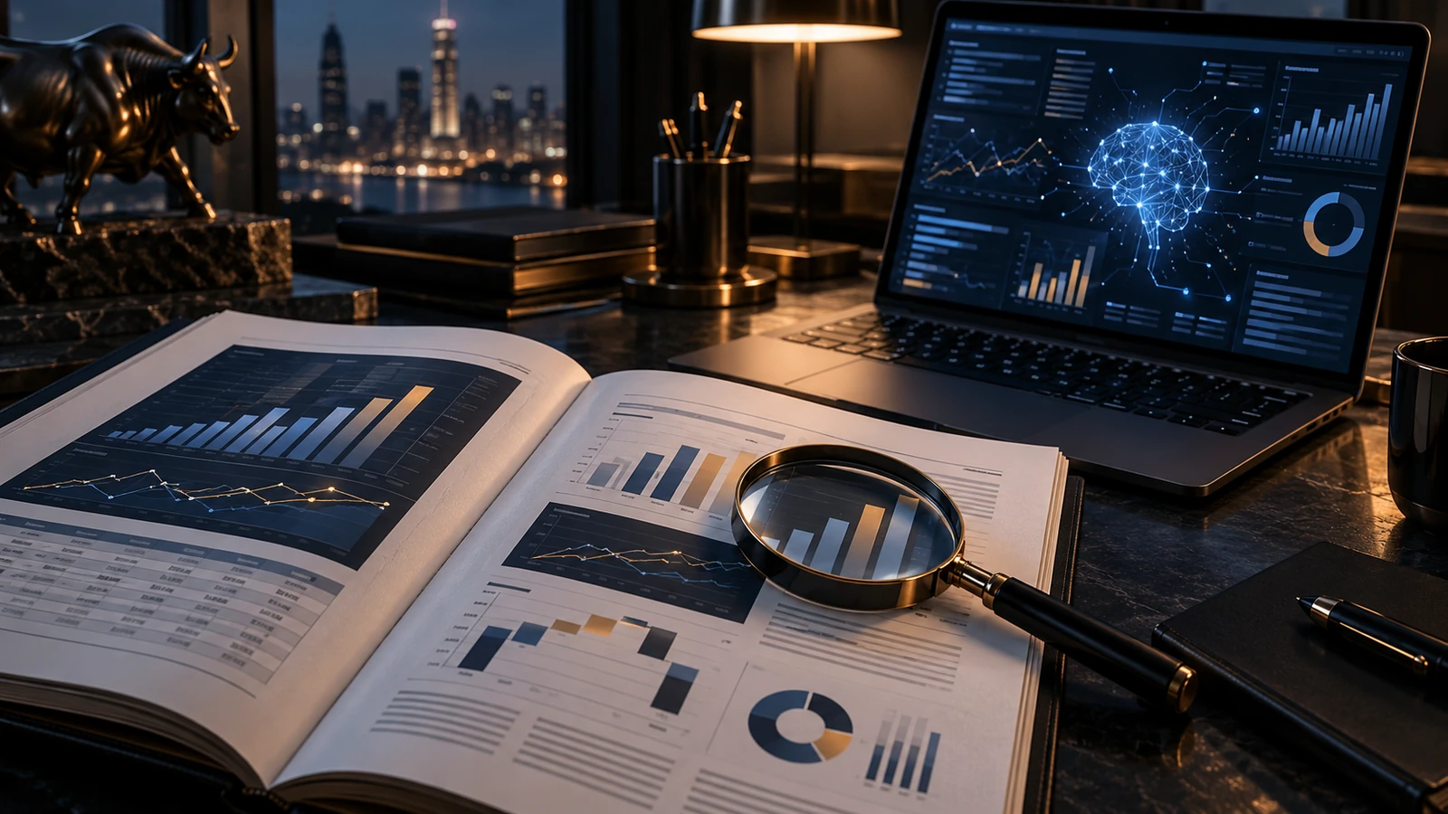 Lupe auf einem aufgeschlagenen Finanzbericht neben einem Laptop mit Analysevisualisierung und beleuchteter Stadtsilhouette
